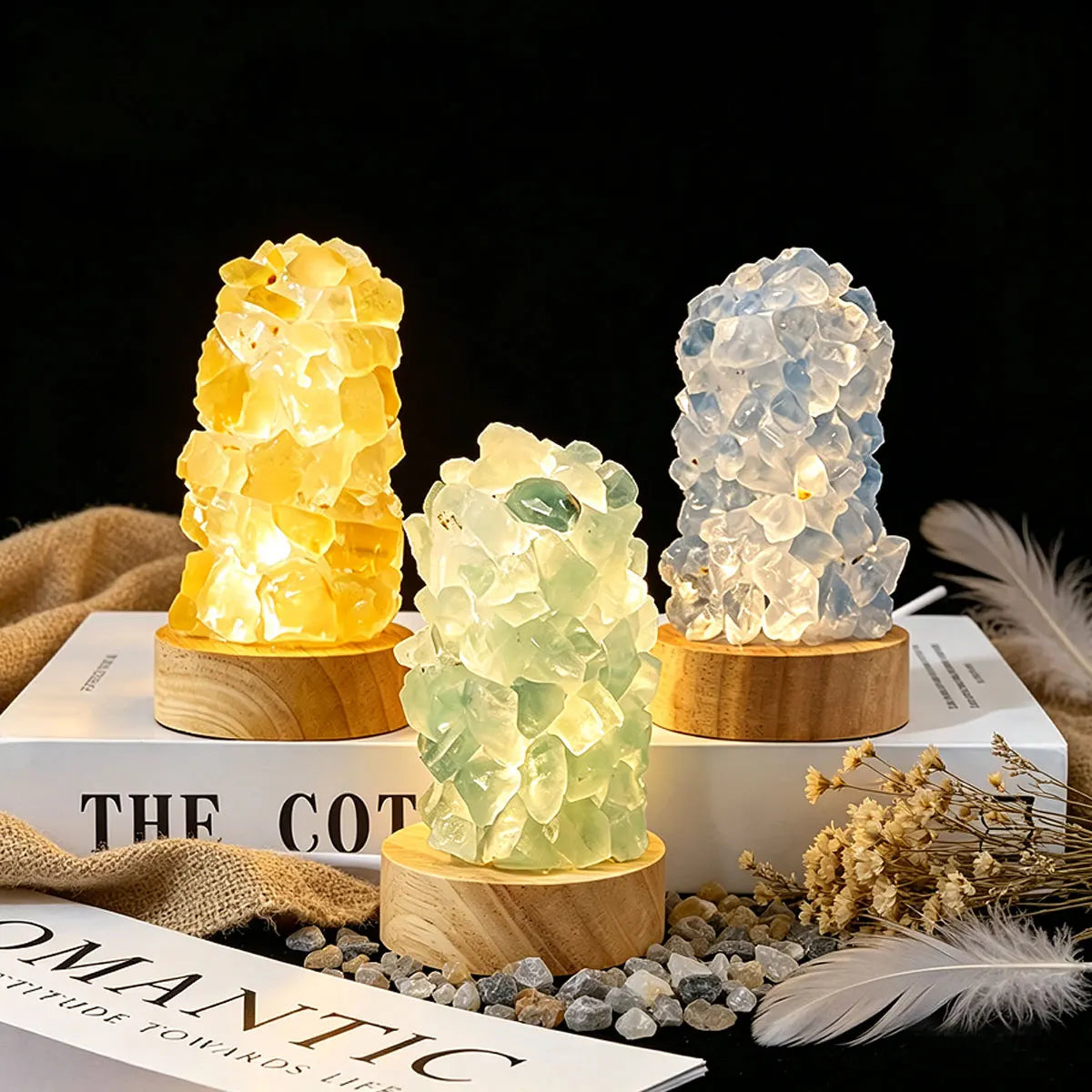 Raw Crystal Wishing Lamp with citrine and amethyst stone, lit from a USB base