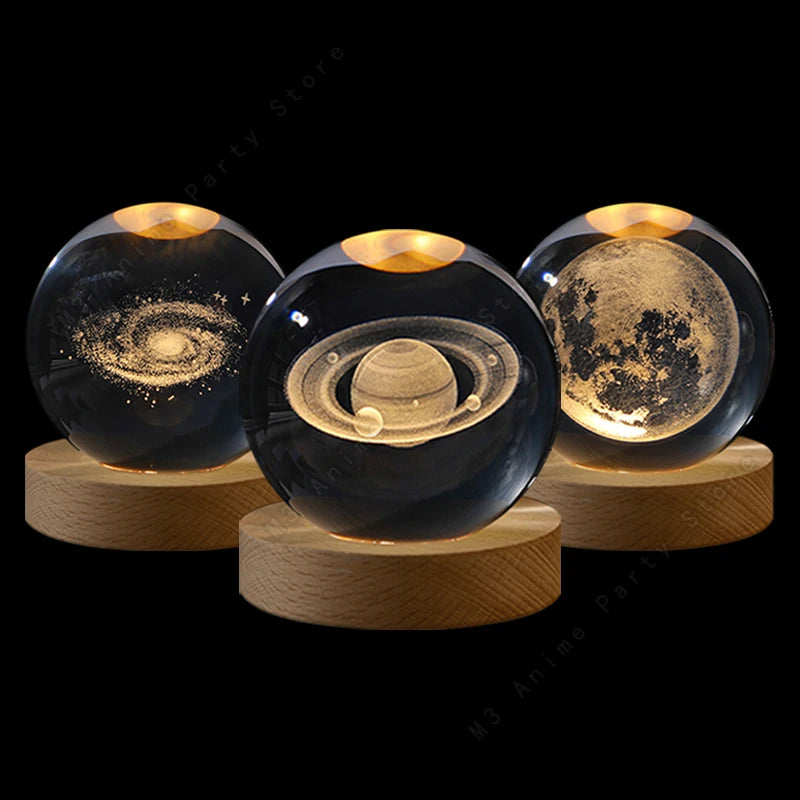 3D Galaxy Crystal Ball Lamp etched with moons and planets, glowing on a nightstand