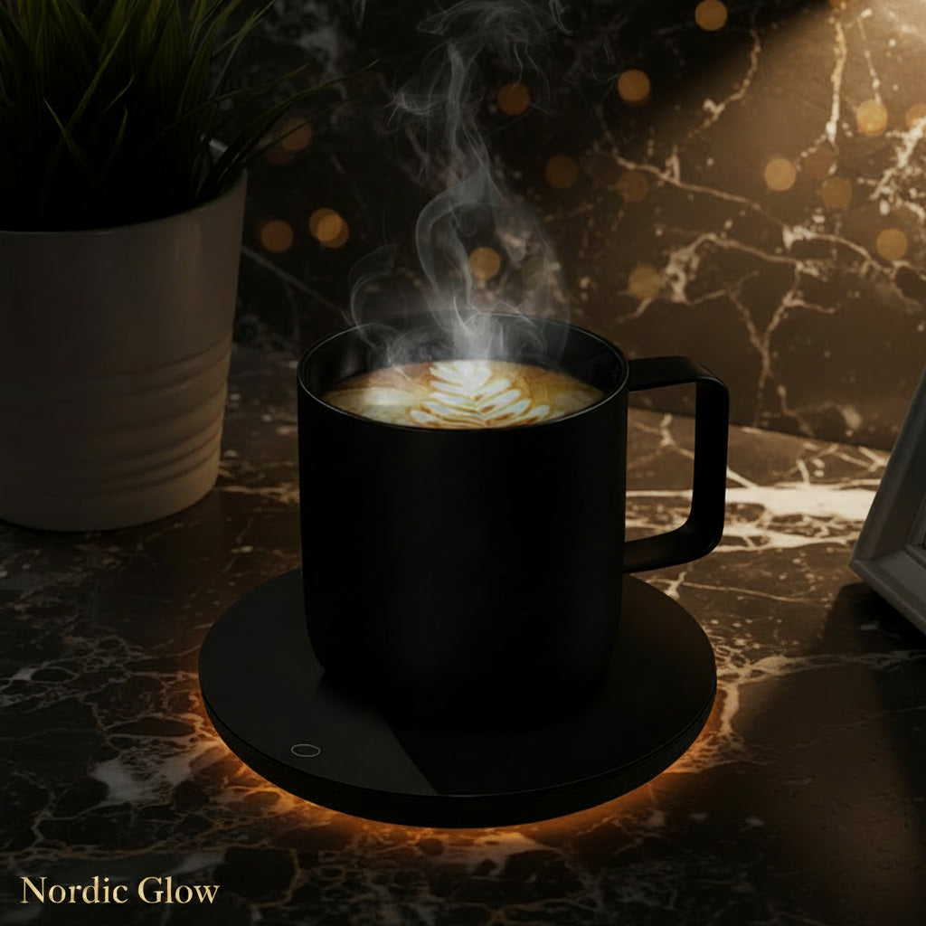 USB Mug Warmer thermostatic coaster with a coffee cup on a desk