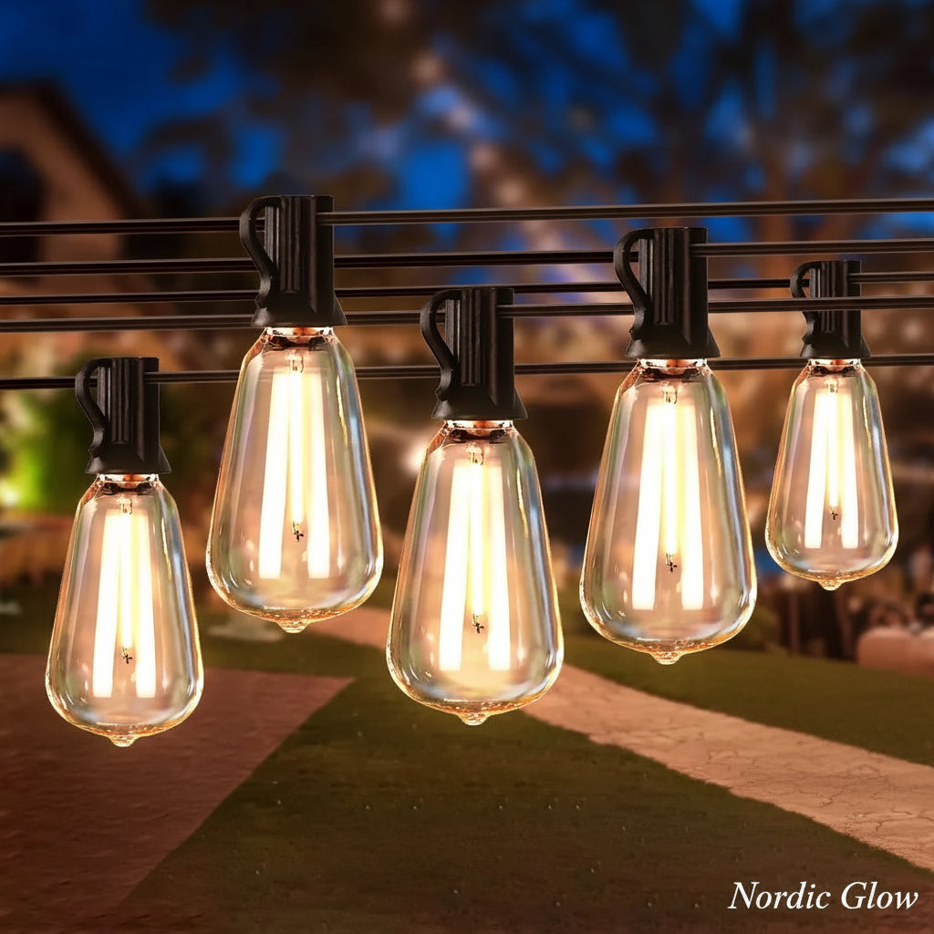 Solar Fairy String Lights with warm Edison-style bulbs in a garden