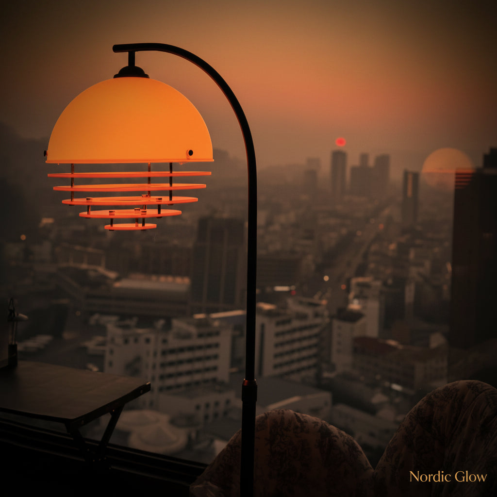 Sunset Floor Lamp with minimalist iron base casting warm tricolor light