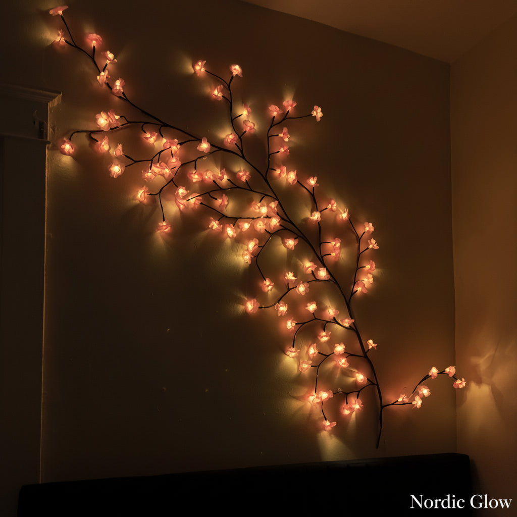 Cherry Blossom Fairy Lights with USB LED vine on a headboard