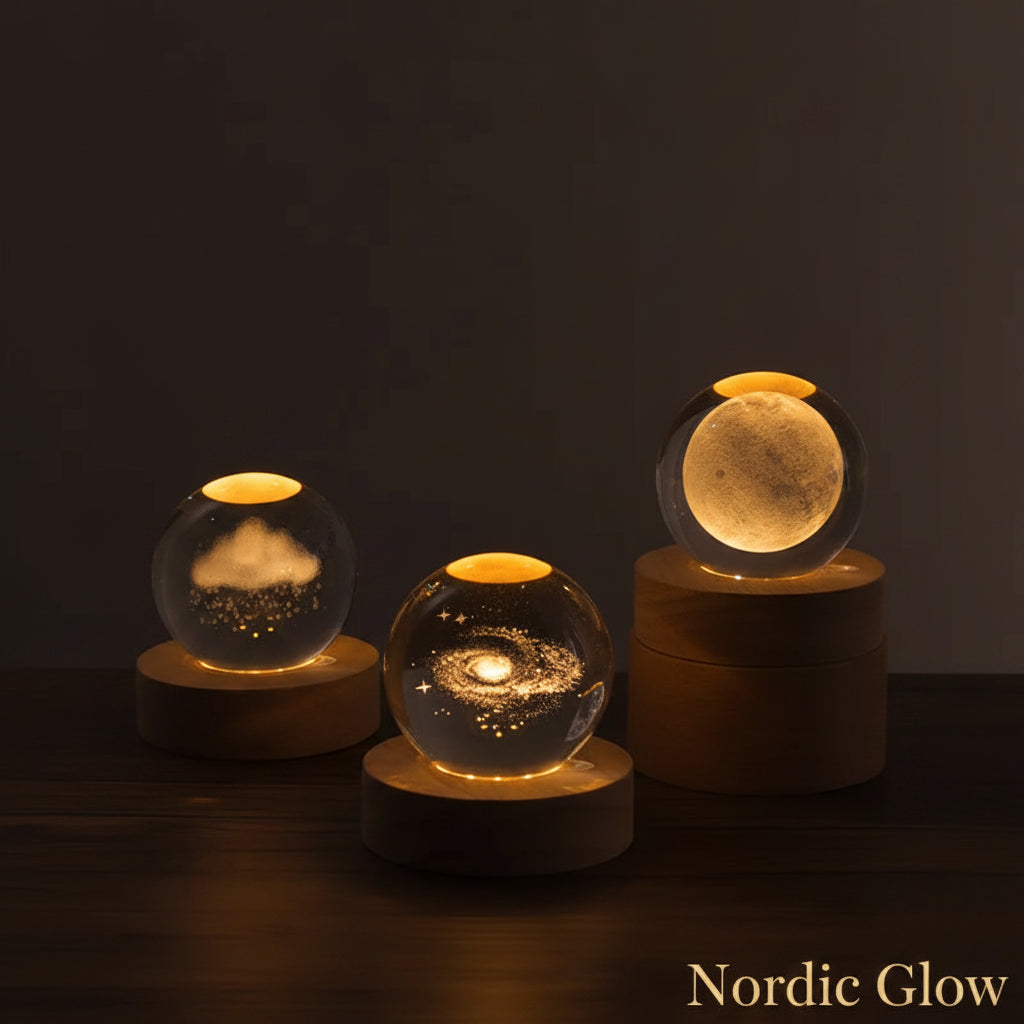 Crystal Galaxy Globe Night Light glowing with moon and galaxy design