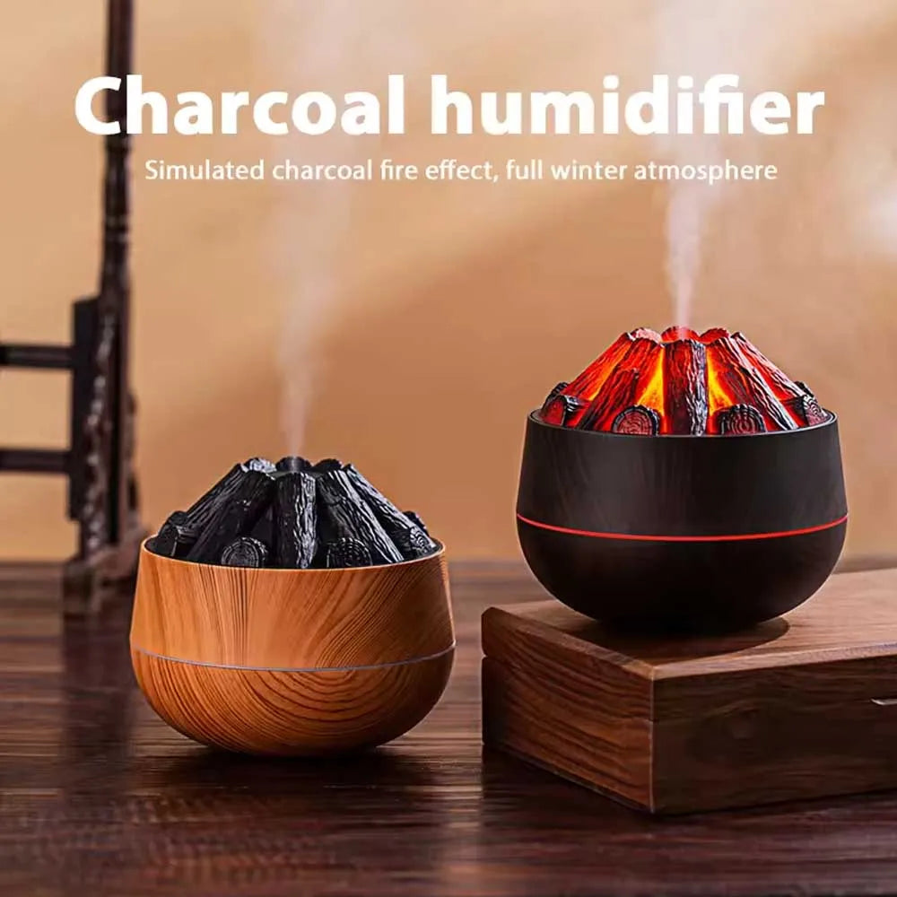 Charcoal-Style Flame Humidifier with wood-grain finish and flame light