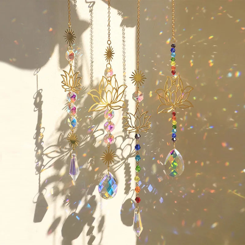 Lotus Crystal Sun Catcher Garden Edition hanging outdoors on a patio